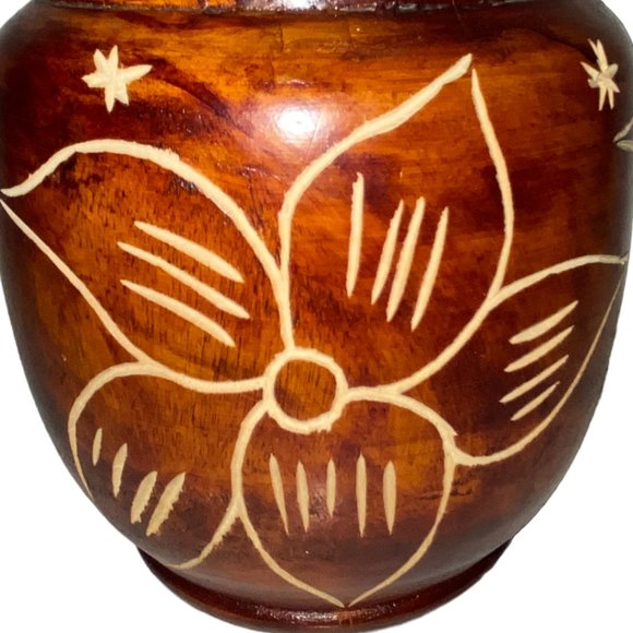 Handcarved Wood Jar Canister Vintage Floral Lid Eclectic Rustic Decor Brown - Picture 2 of 5